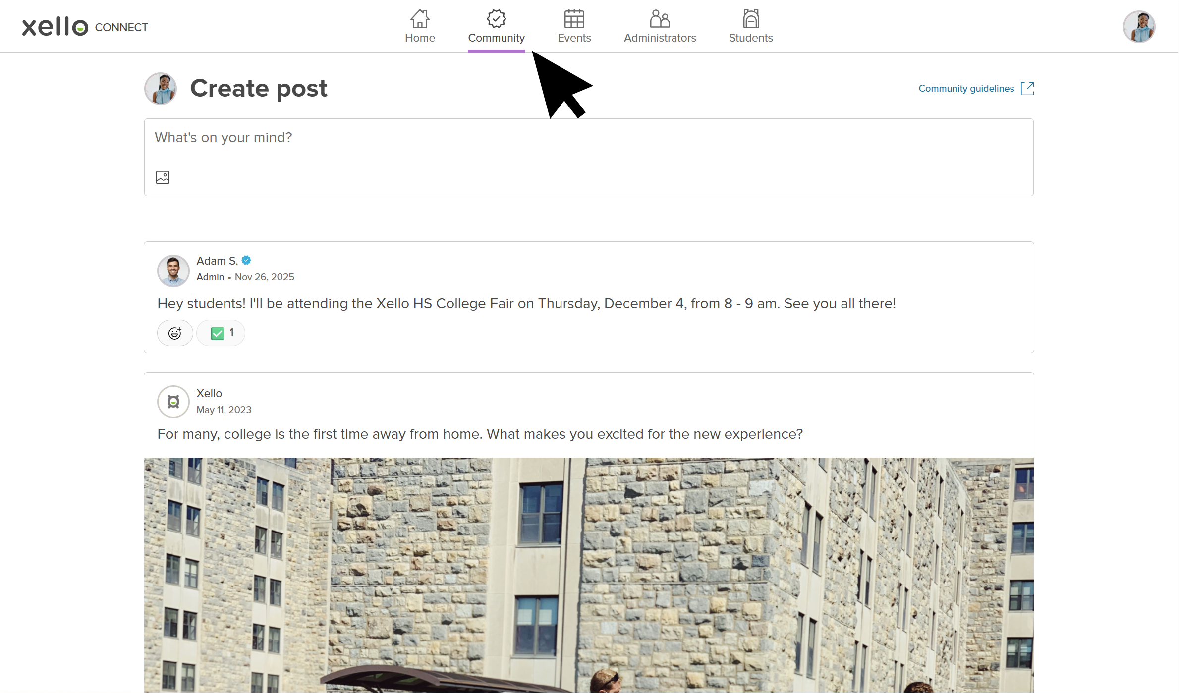 The cursor is clicking Community in the top menu.